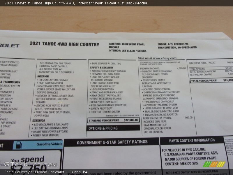  2021 Tahoe High Country 4WD Window Sticker