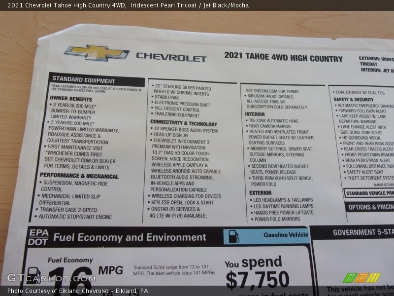  2021 Tahoe High Country 4WD Window Sticker
