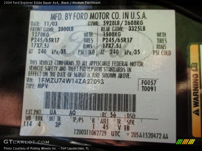 Black / Medium Parchment 2004 Ford Explorer Eddie Bauer 4x4