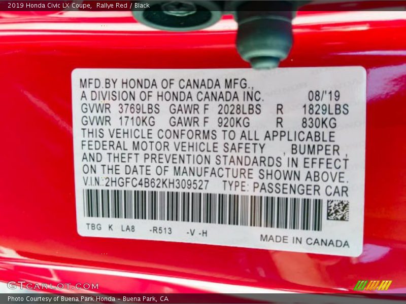 Rallye Red / Black 2019 Honda Civic LX Coupe