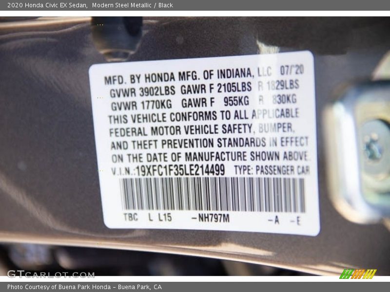 Modern Steel Metallic / Black 2020 Honda Civic EX Sedan