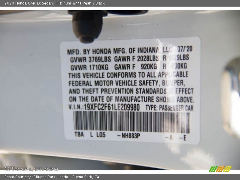 Platinum White Pearl / Black 2020 Honda Civic LX Sedan