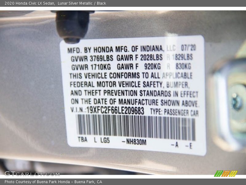 Lunar Silver Metallic / Black 2020 Honda Civic LX Sedan