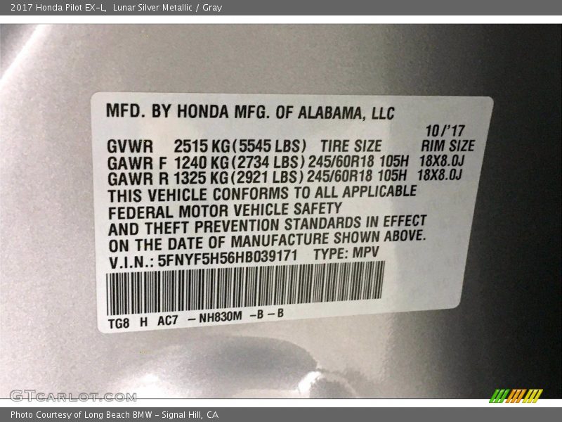 Lunar Silver Metallic / Gray 2017 Honda Pilot EX-L