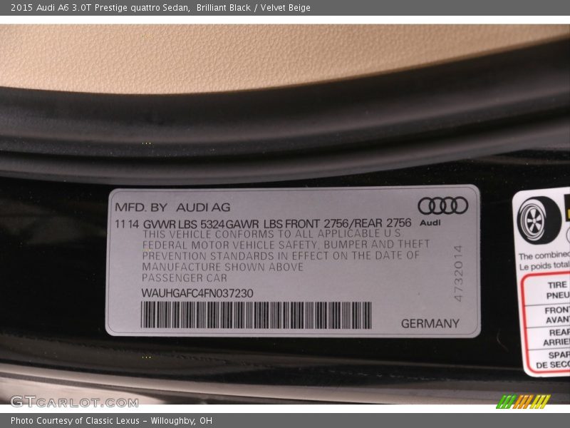 Brilliant Black / Velvet Beige 2015 Audi A6 3.0T Prestige quattro Sedan