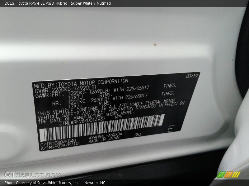2019 RAV4 LE AWD Hybrid Super White Color Code 040
