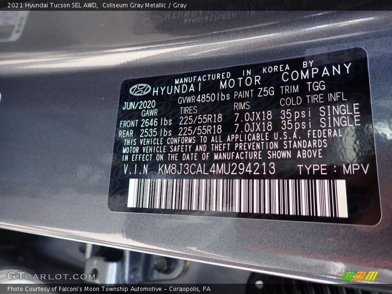 2021 Tucson SEL AWD Coliseum Gray Metallic Color Code Z5G