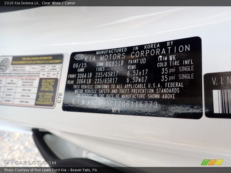2016 Sedona LX Clear White Color Code UD