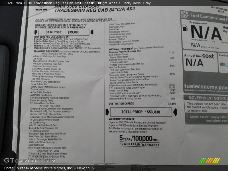 Bright White / Black/Diesel Gray 2020 Ram 3500 Tradesman Regular Cab 4x4 Chassis