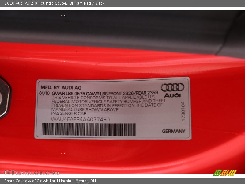 Brilliant Red / Black 2010 Audi A5 2.0T quattro Coupe