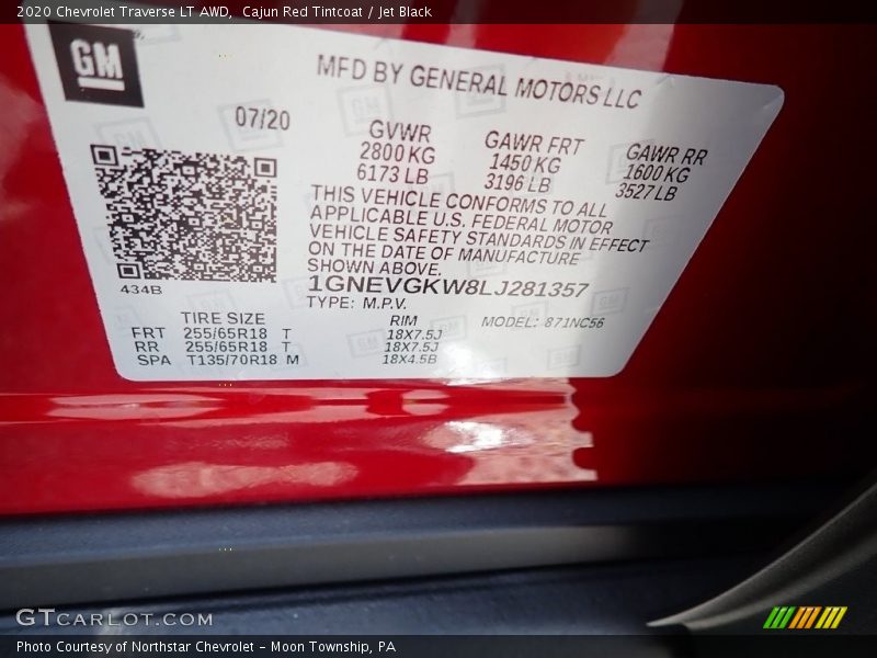 Cajun Red Tintcoat / Jet Black 2020 Chevrolet Traverse LT AWD