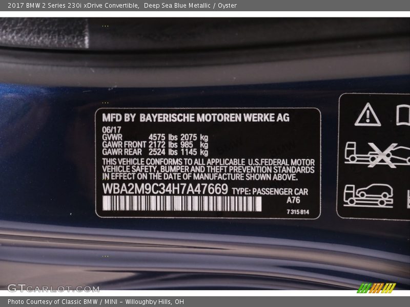 2017 2 Series 230i xDrive Convertible Deep Sea Blue Metallic Color Code A76