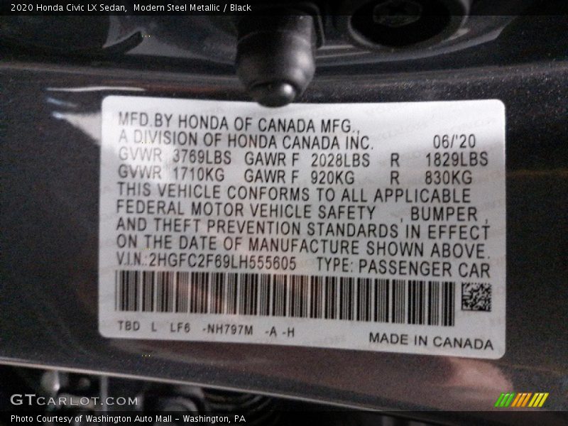 Modern Steel Metallic / Black 2020 Honda Civic LX Sedan