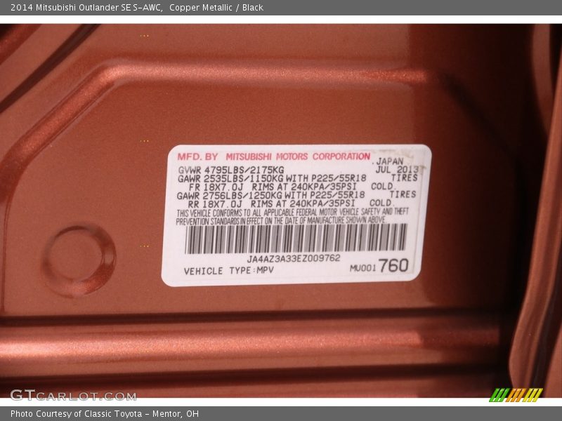 Copper Metallic / Black 2014 Mitsubishi Outlander SE S-AWC