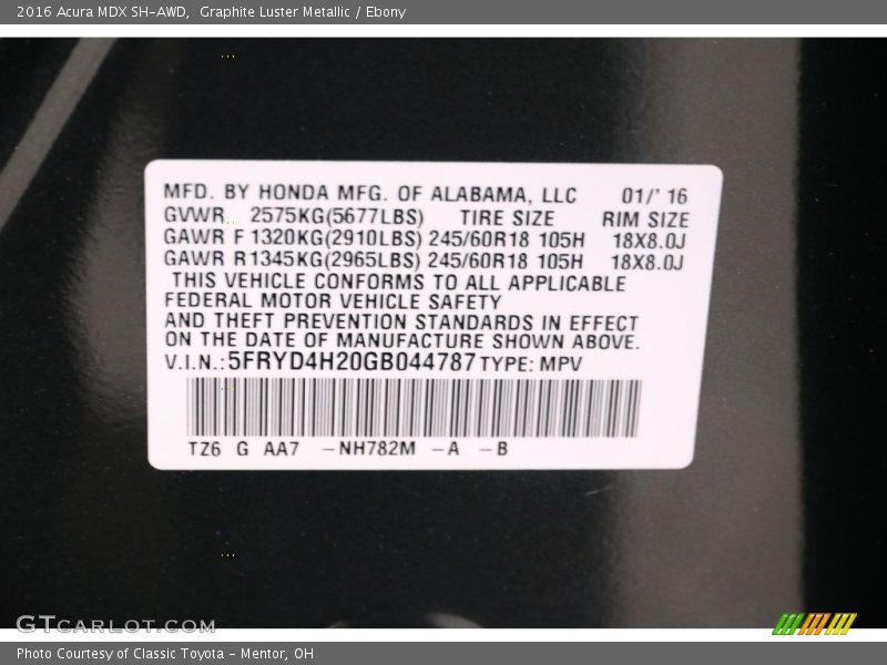 2016 MDX SH-AWD Graphite Luster Metallic Color Code NH782M