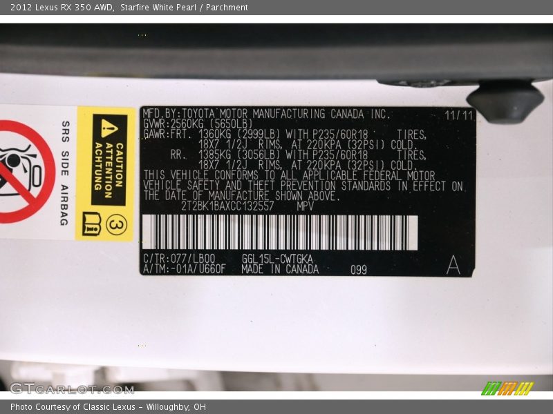 Starfire White Pearl / Parchment 2012 Lexus RX 350 AWD