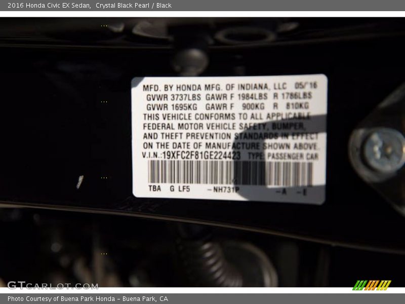 Crystal Black Pearl / Black 2016 Honda Civic EX Sedan