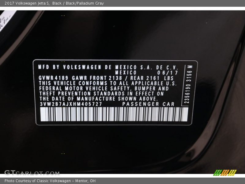 Black / Black/Palladium Gray 2017 Volkswagen Jetta S