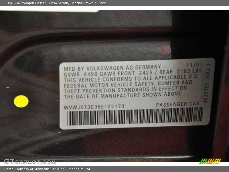 Mocha Brown / Black 2008 Volkswagen Passat Turbo Sedan