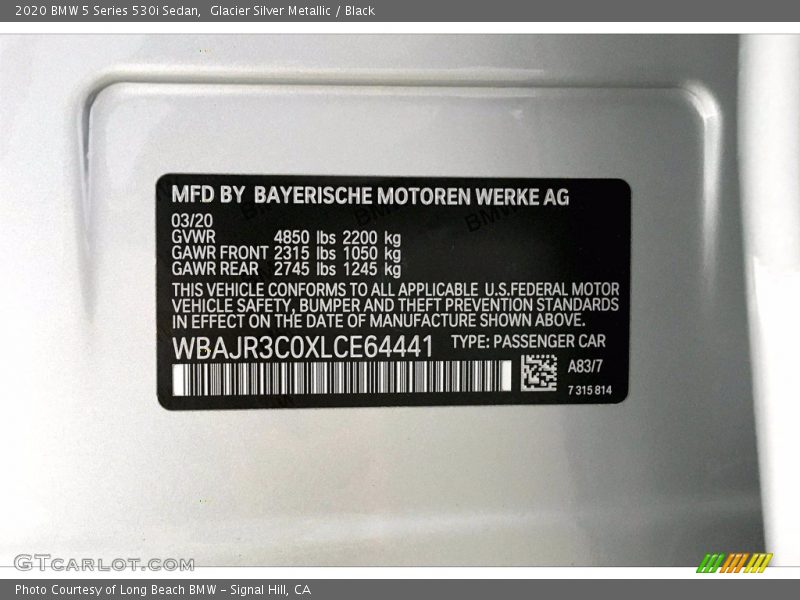 2020 5 Series 530i Sedan Glacier Silver Metallic Color Code A83