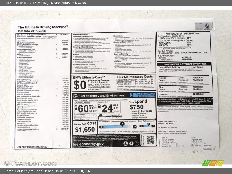  2020 X3 xDrive30e Window Sticker