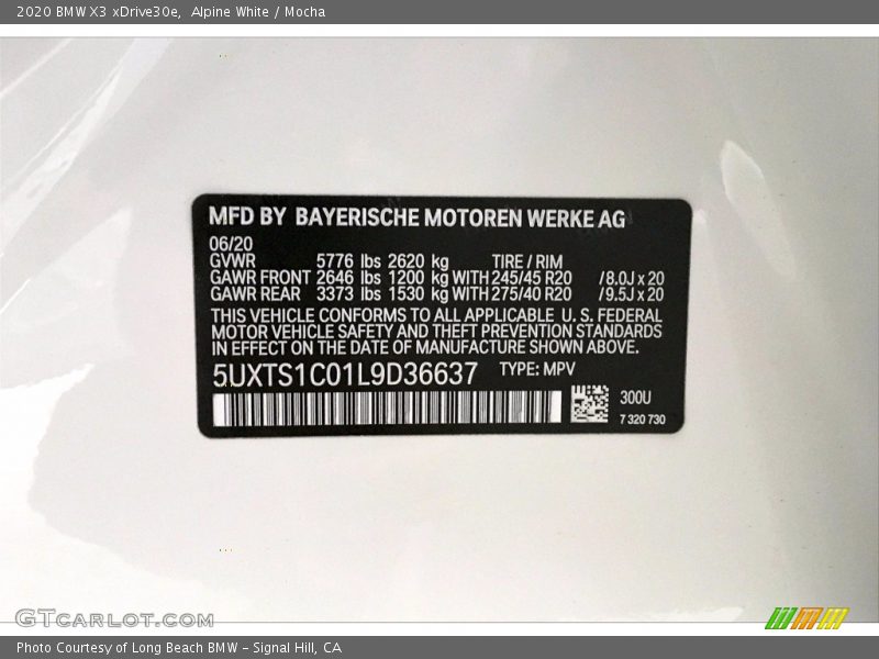 2020 X3 xDrive30e Alpine White Color Code 300