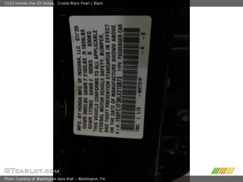 Crystal Black Pearl / Black 2020 Honda Civic EX Sedan