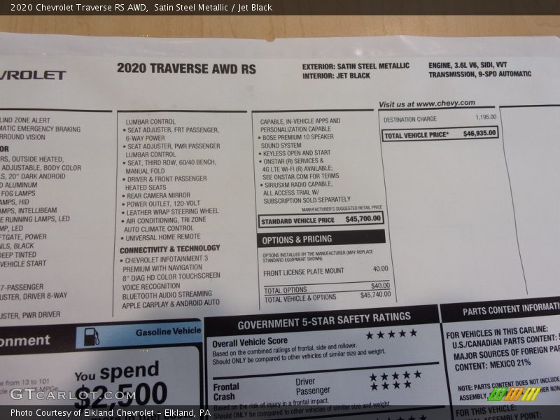 Satin Steel Metallic / Jet Black 2020 Chevrolet Traverse RS AWD