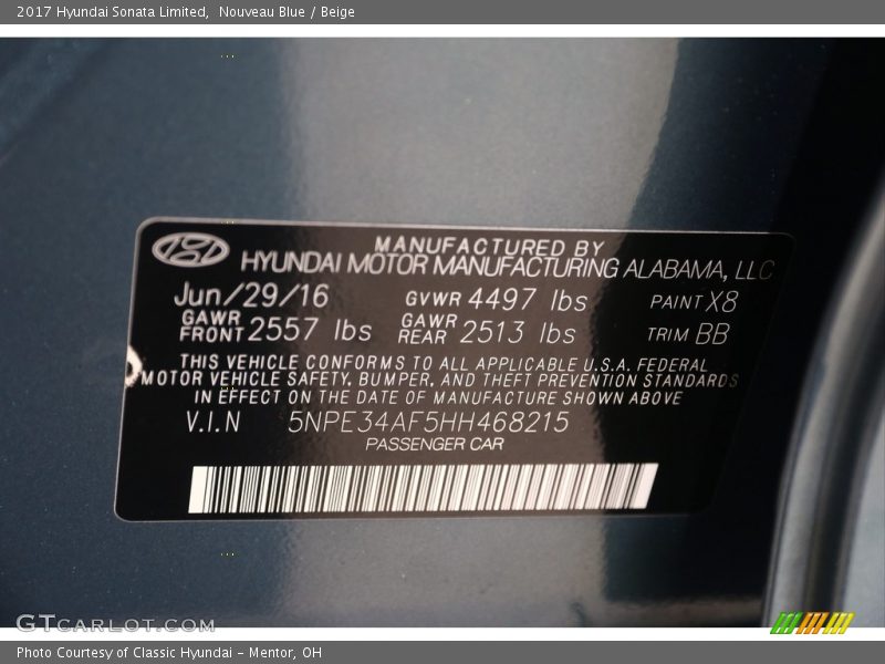 Nouveau Blue / Beige 2017 Hyundai Sonata Limited