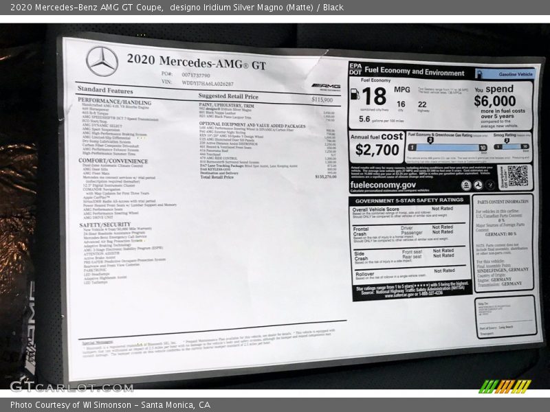  2020 AMG GT Coupe Window Sticker