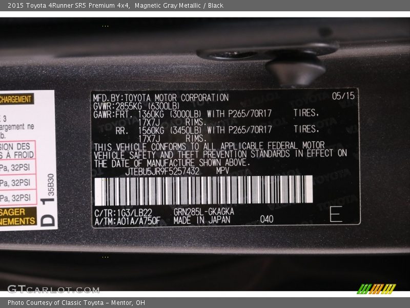 Magnetic Gray Metallic / Black 2015 Toyota 4Runner SR5 Premium 4x4