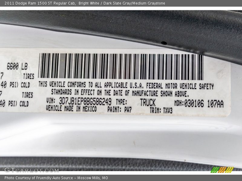 Bright White / Dark Slate Gray/Medium Graystone 2011 Dodge Ram 1500 ST Regular Cab
