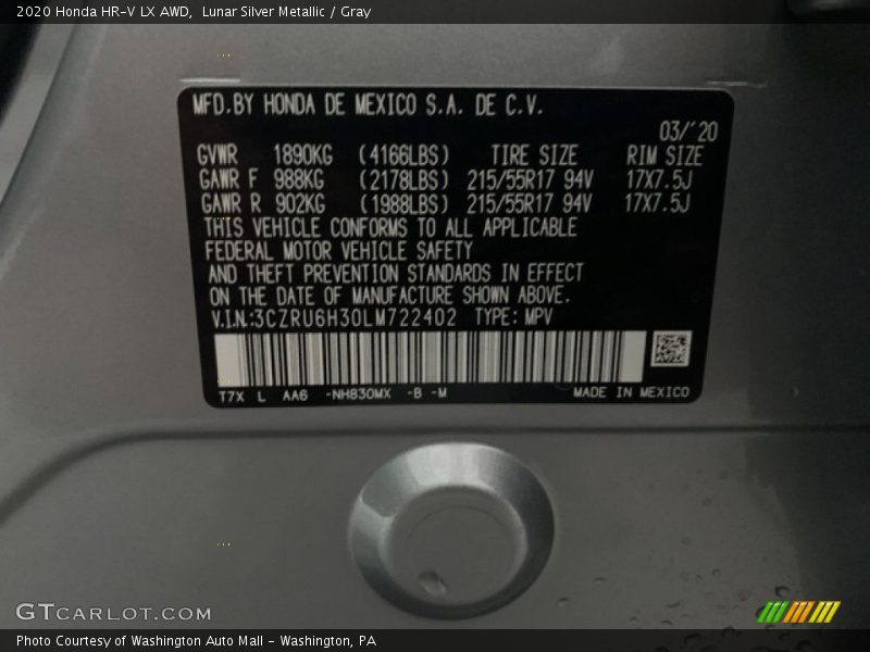Lunar Silver Metallic / Gray 2020 Honda HR-V LX AWD