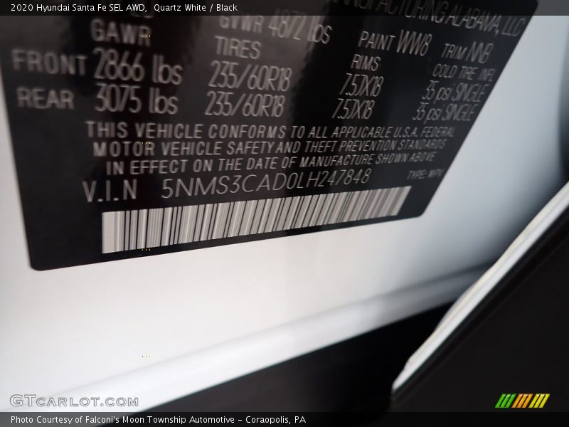Quartz White / Black 2020 Hyundai Santa Fe SEL AWD
