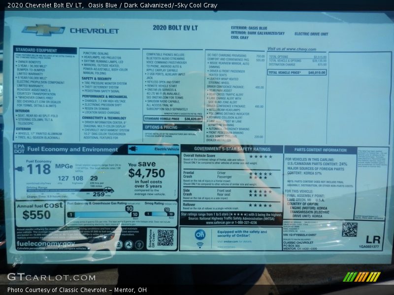  2020 Bolt EV LT Window Sticker
