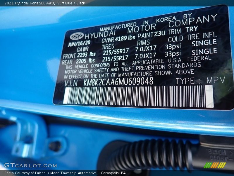 2021 Kona SEL AWD Surf Blue Color Code Z3U