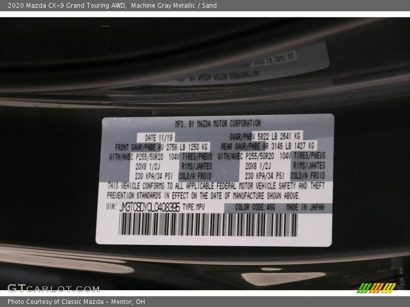 Machine Gray Metallic / Sand 2020 Mazda CX-9 Grand Touring AWD