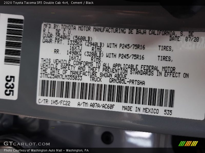 Cement / Black 2020 Toyota Tacoma SR5 Double Cab 4x4