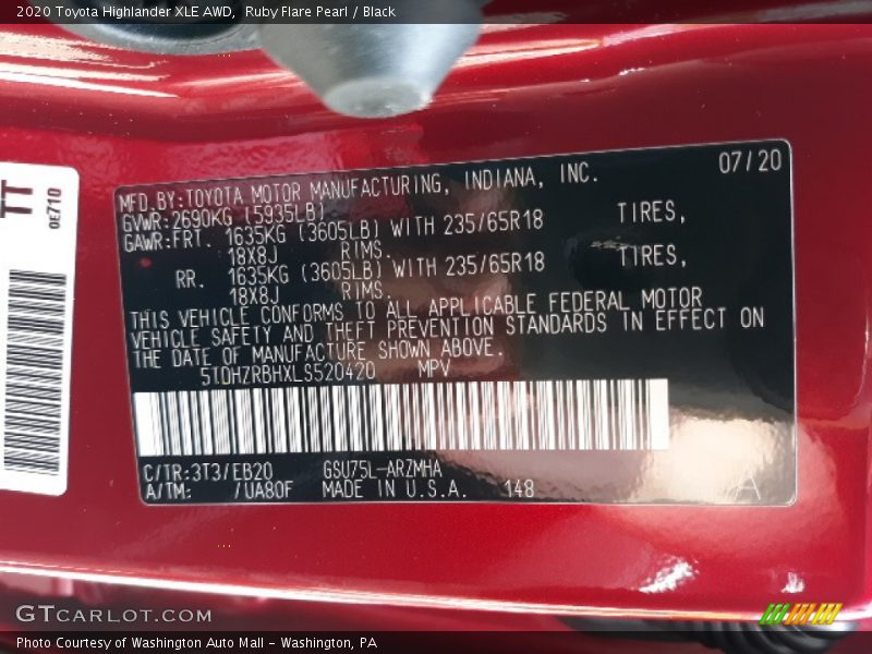 Ruby Flare Pearl / Black 2020 Toyota Highlander XLE AWD