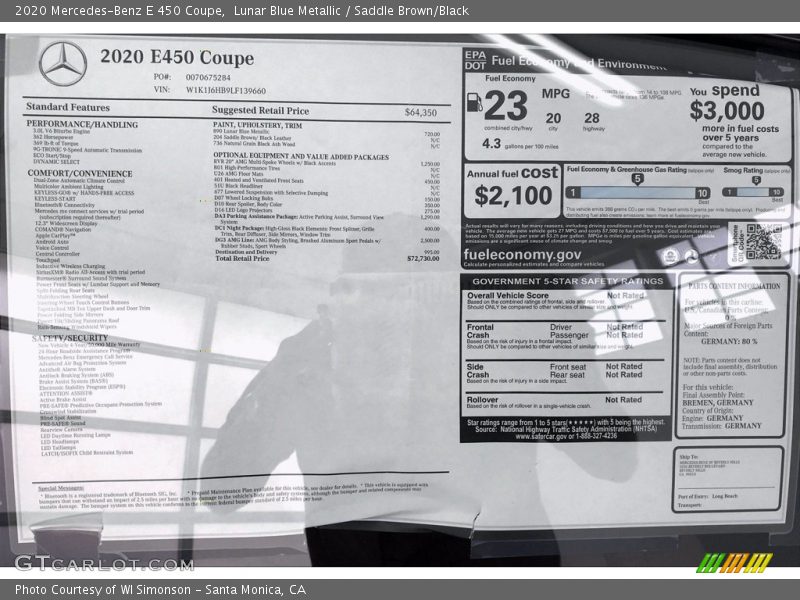 2020 E 450 Coupe Window Sticker