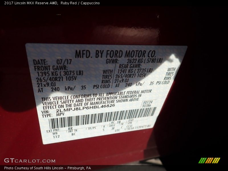 2017 MKX Reserve AWD Ruby Red Color Code RR