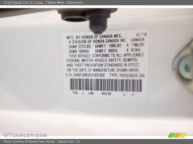 Taffeta White / Black/Ivory 2018 Honda Civic LX Coupe