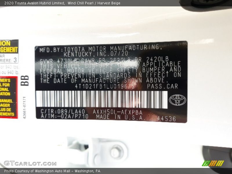 2020 Avalon Hybrid Limited Wind Chill Pearl Color Code 089