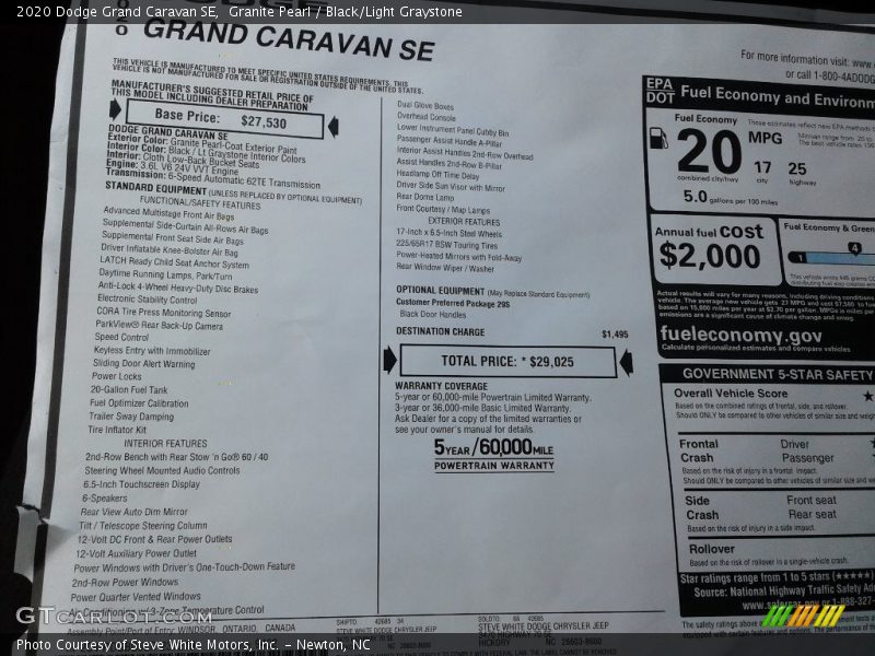 Granite Pearl / Black/Light Graystone 2020 Dodge Grand Caravan SE