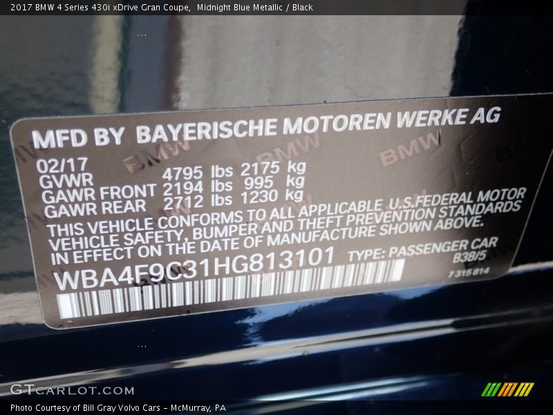 2017 4 Series 430i xDrive Gran Coupe Midnight Blue Metallic Color Code B38