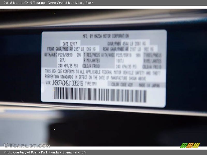 Deep Crystal Blue Mica / Black 2018 Mazda CX-5 Touring
