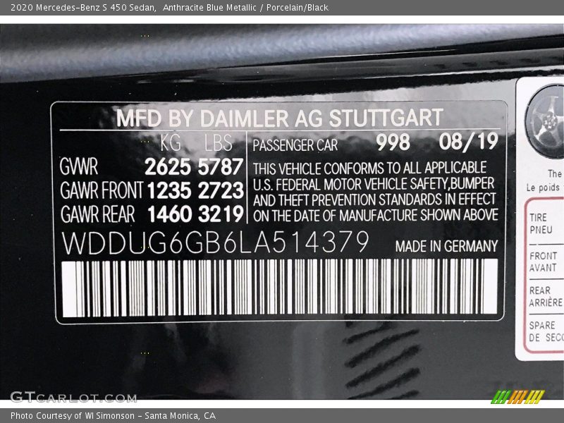 2020 S 450 Sedan Anthracite Blue Metallic Color Code 998