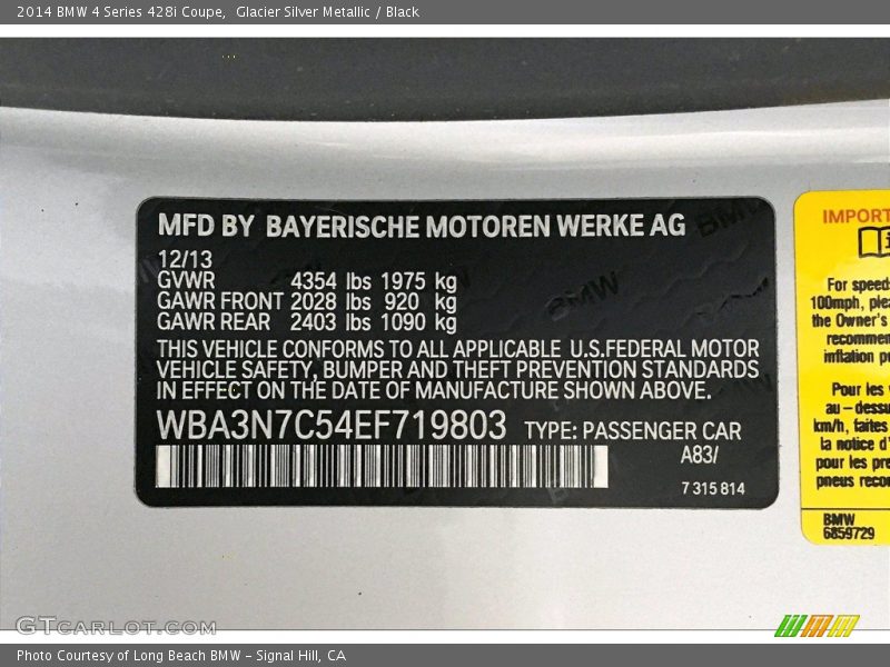 Glacier Silver Metallic / Black 2014 BMW 4 Series 428i Coupe