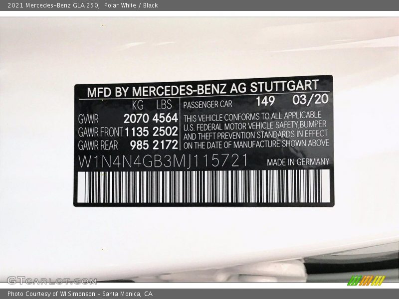 2021 GLA 250 Polar White Color Code 149
