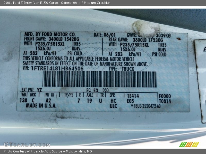 2001 E Series Van E150 Cargo Oxford White Color Code YZ